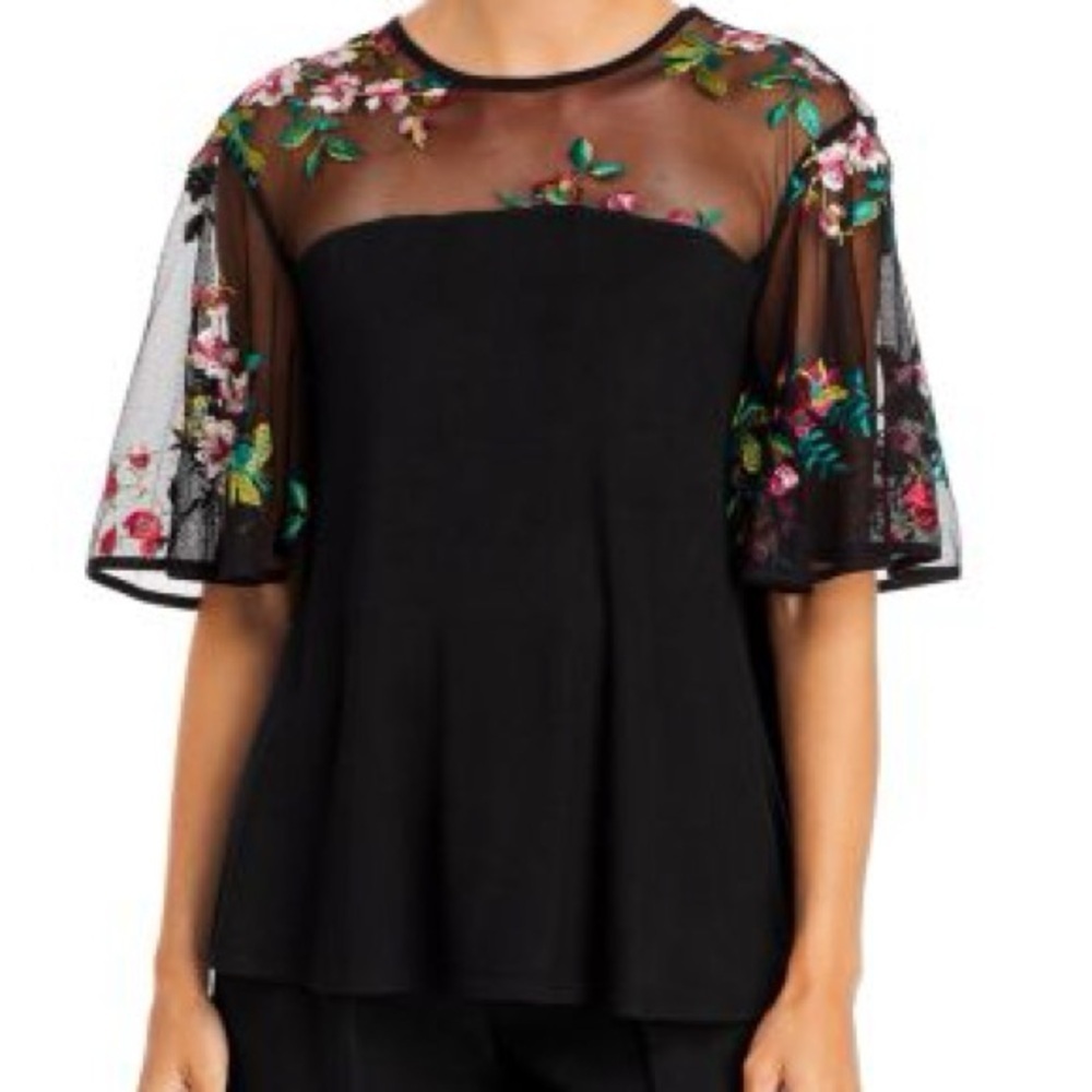 KIM & CAMI | Floral Embroidered Mesh Rayon Black Short Sleeve Top